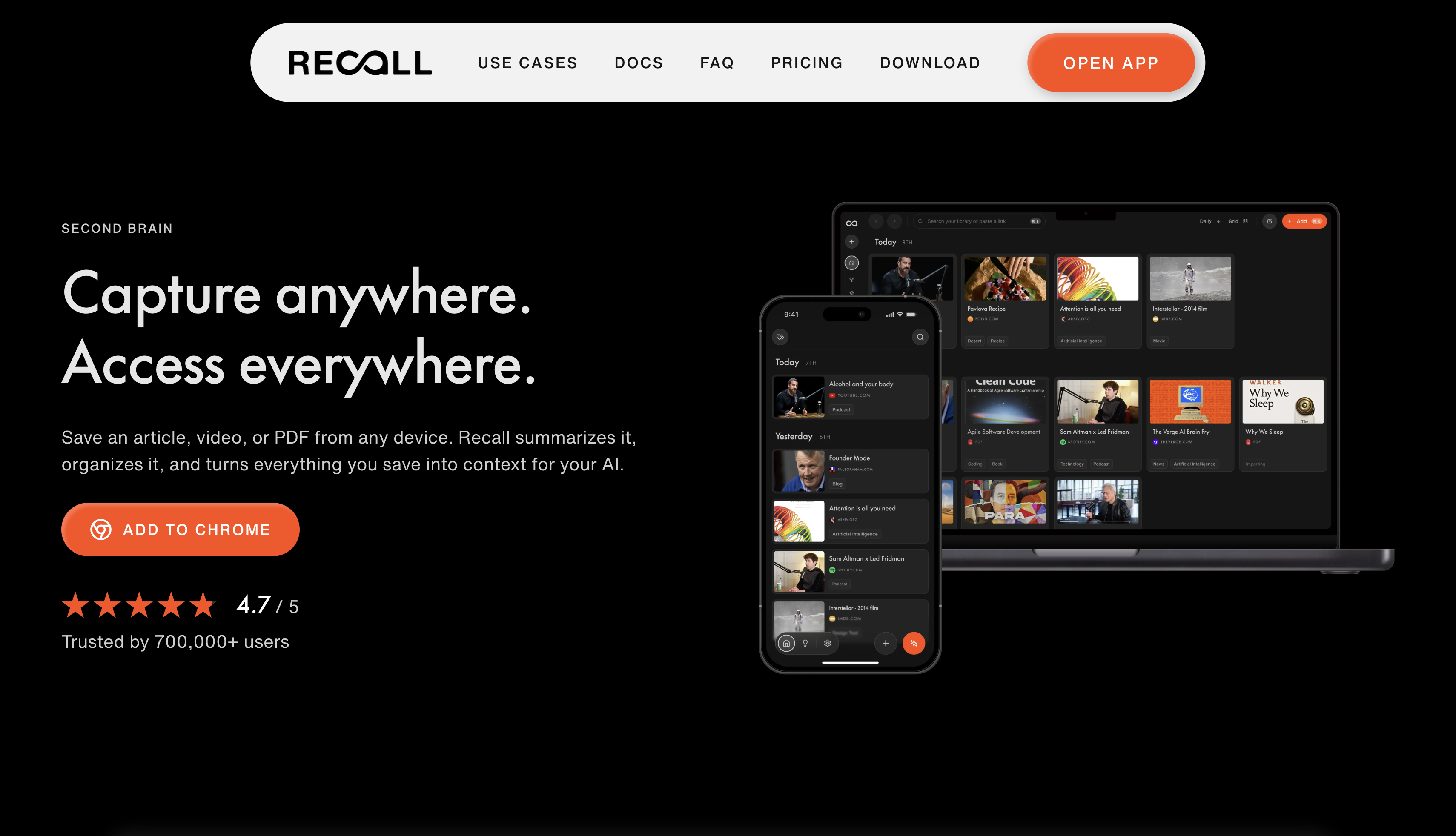 Screenshot of the Recall SaaS landing page displaying product features, an orange CTA button, customer ratings, and cross-device previews on laptop and smartphone screens against a sleek, dark UI layout.